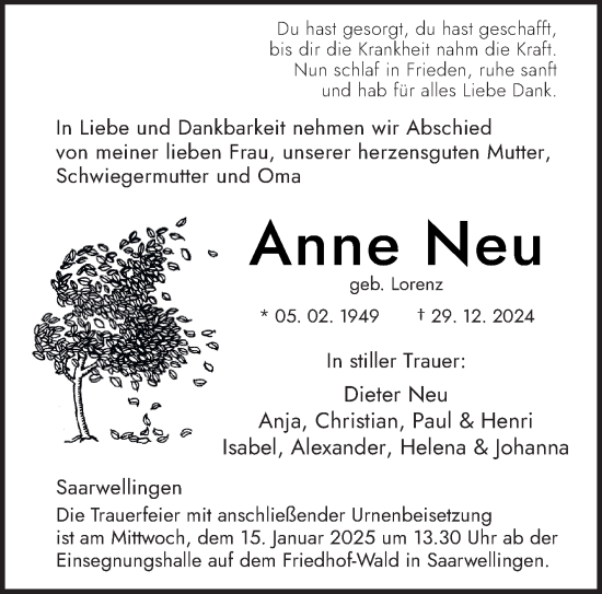 Todesanzeige von Anne Neu von saarbruecker_zeitung