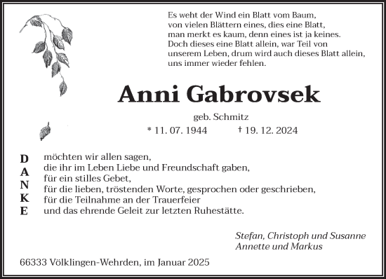 Todesanzeige von Anni Gabrovsek von saarbruecker_zeitung