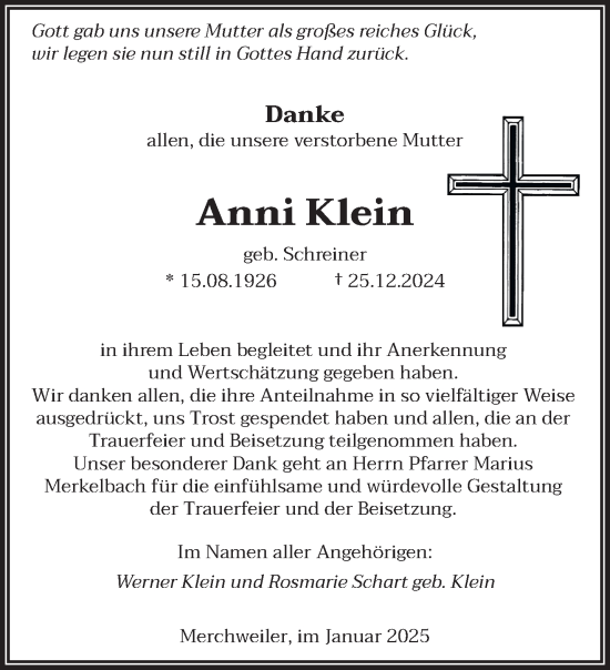 Todesanzeige von Anni Klein von saarbruecker_zeitung