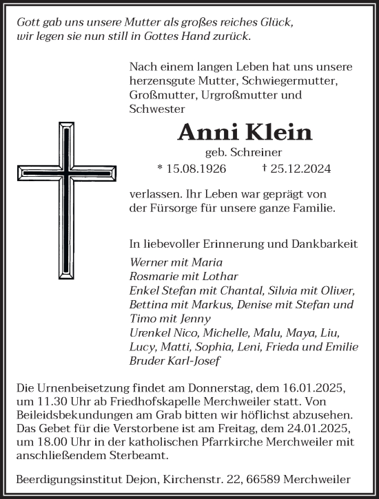 Todesanzeige von Anni Klein von saarbruecker_zeitung