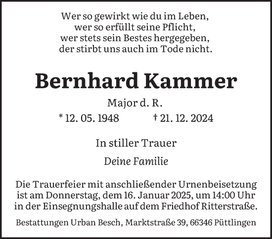 Todesanzeige von Bernhard Kammer von saarbruecker_zeitung