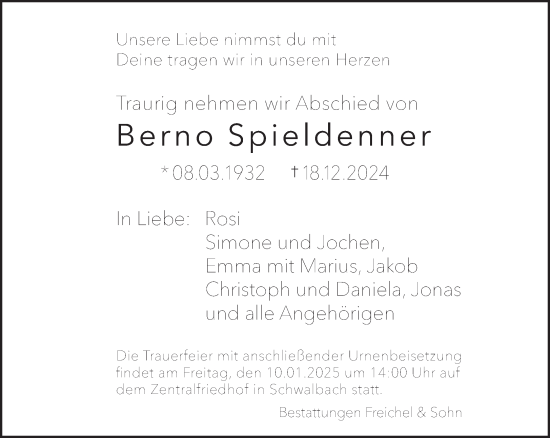 Todesanzeige von Berno Spieldenner von saarbruecker_zeitung