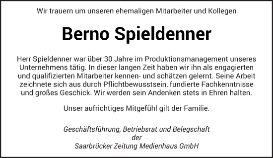 Todesanzeige von Berno Spieldenner von saarbruecker_zeitung