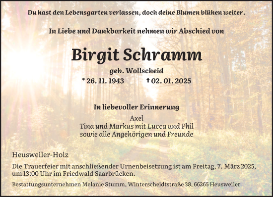 Todesanzeige von Birgit Schramm von saarbruecker_zeitung