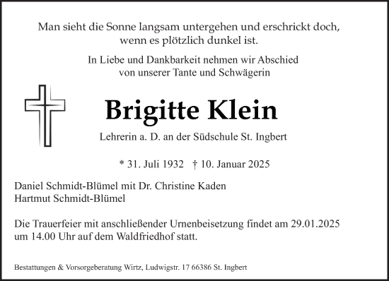Todesanzeige von Brigitte Klein von saarbruecker_zeitung
