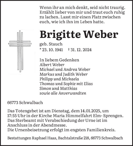 Todesanzeige von Brigitte Weber von saarbruecker_zeitung