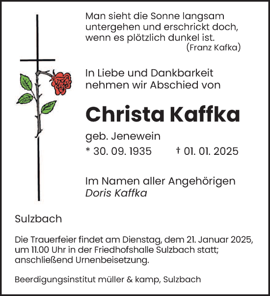 Todesanzeige von Christa Kaffka von saarbruecker_zeitung