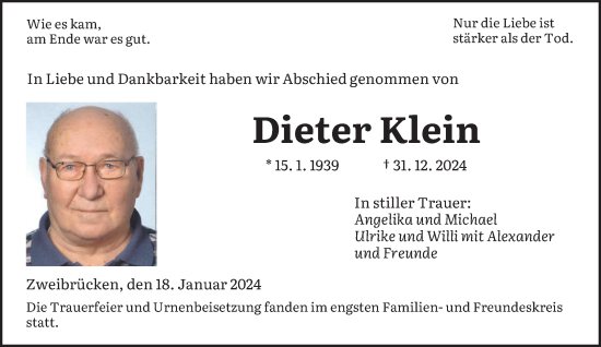 Todesanzeige von Dieter Klein von saarbruecker_zeitung