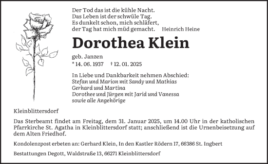 Todesanzeige von Dorothea Klein von saarbruecker_zeitung