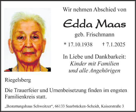 Todesanzeige von Edda Maas von saarbruecker_zeitung