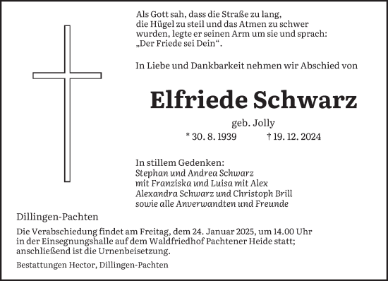 Todesanzeige von Elfriede Schwarz von saarbruecker_zeitung