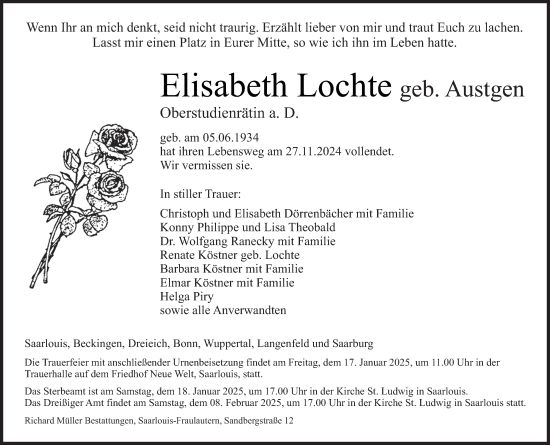 Todesanzeige von Elisabeth Lochte von saarbruecker_zeitung