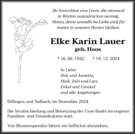 Todesanzeige von Elke Karin Lauer von saarbruecker_zeitung