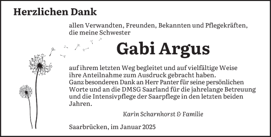 Todesanzeige von Gabi Argus von saarbruecker_zeitung