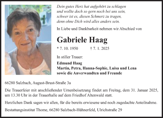 Todesanzeige von Gabriele Haag von saarbruecker_zeitung