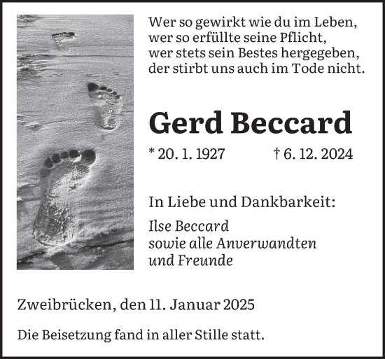 Todesanzeige von Gerd Beccard von saarbruecker_zeitung