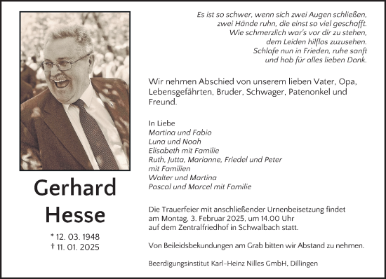Todesanzeige von Gerhard Hesse von saarbruecker_zeitung