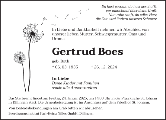 Todesanzeige von Gertrud Boes von saarbruecker_zeitung