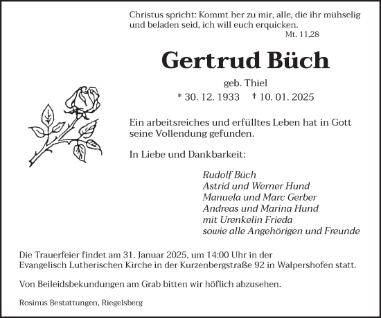 Todesanzeige von Gertrud Büch von saarbruecker_zeitung