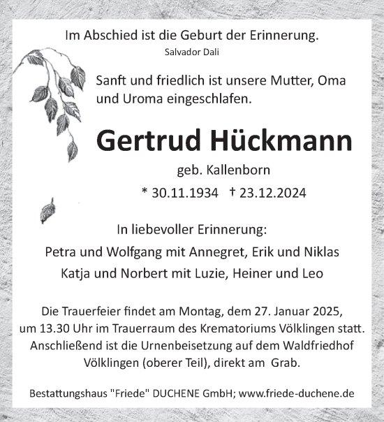 Todesanzeige von Gertrud Hückmann von saarbruecker_zeitung