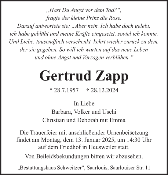 Todesanzeige von Gertrud Zapp von saarbruecker_zeitung
