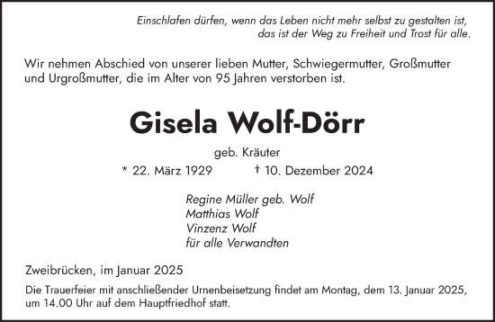 Todesanzeige von Gisela Wolf-Dörr von saarbruecker_zeitung