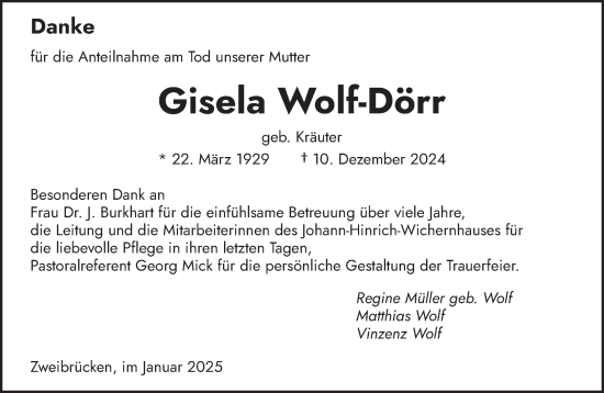 Todesanzeige von Gisela Wolf-Dörr von saarbruecker_zeitung