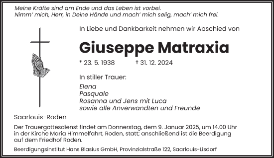 Todesanzeige von Giuseppe Matraxia von saarbruecker_zeitung