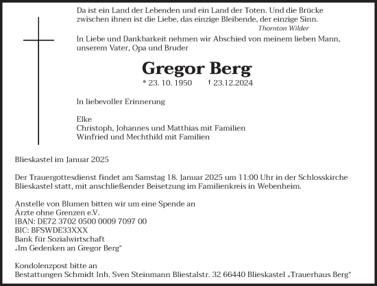 Todesanzeige von Gregor Berg von saarbruecker_zeitung