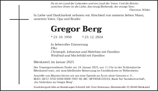 Todesanzeige von Gregor Berg von saarbruecker_zeitung