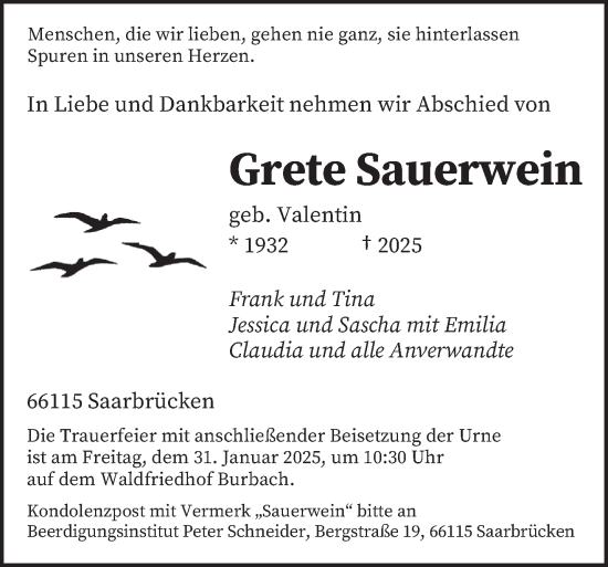 Todesanzeige von Grete Sauerwein von saarbruecker_zeitung