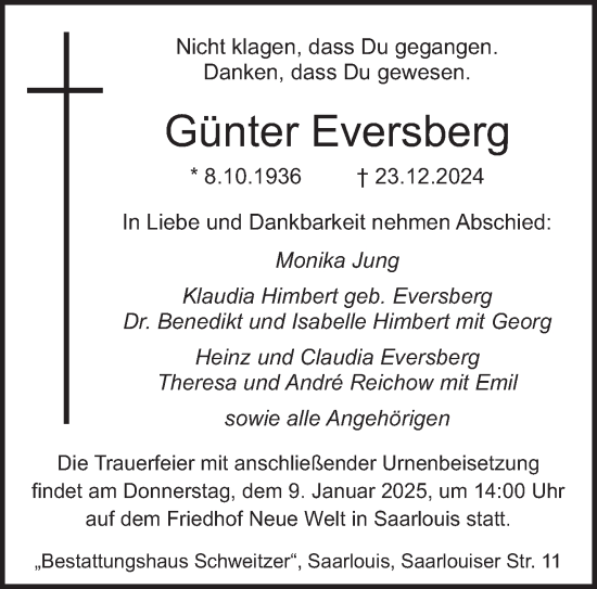 Todesanzeige von Günter Eversberg von saarbruecker_zeitung