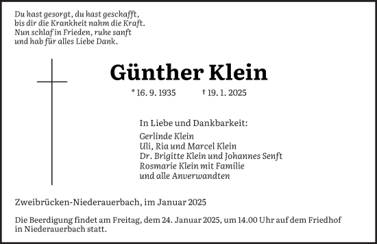 Todesanzeige von Günther Klein von saarbruecker_zeitung