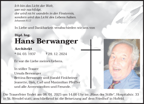 Todesanzeige von Hans Berwanger von saarbruecker_zeitung