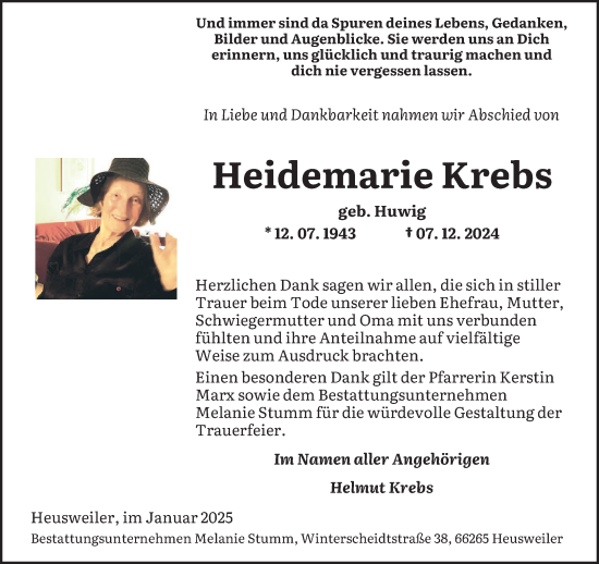 Todesanzeige von Heidemarie Krebs von saarbruecker_zeitung