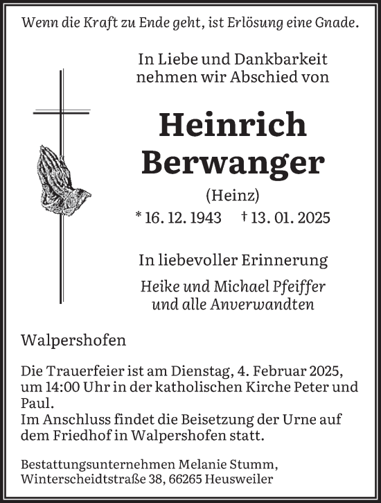 Todesanzeige von Heinrich Berwanger von saarbruecker_zeitung