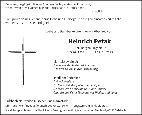 Todesanzeige von Heinrich Petak von saarbruecker_zeitung