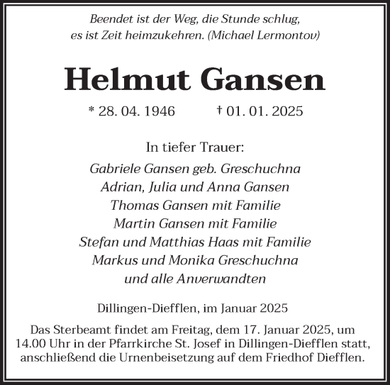 Todesanzeige von Helmut Gansen von saarbruecker_zeitung