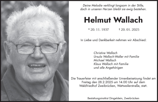 Todesanzeige von Helmut Wallach von saarbruecker_zeitung