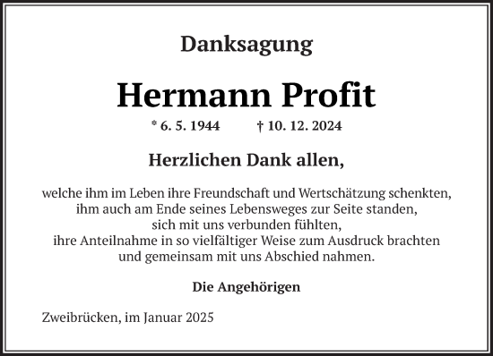 Todesanzeige von Hermann Profit von saarbruecker_zeitung