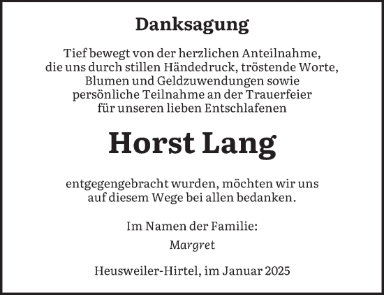 Todesanzeige von Horst Lang von saarbruecker_zeitung
