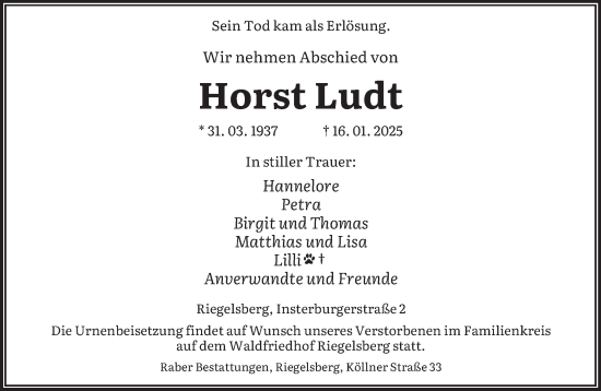 Todesanzeige von Horst Ludt von saarbruecker_zeitung