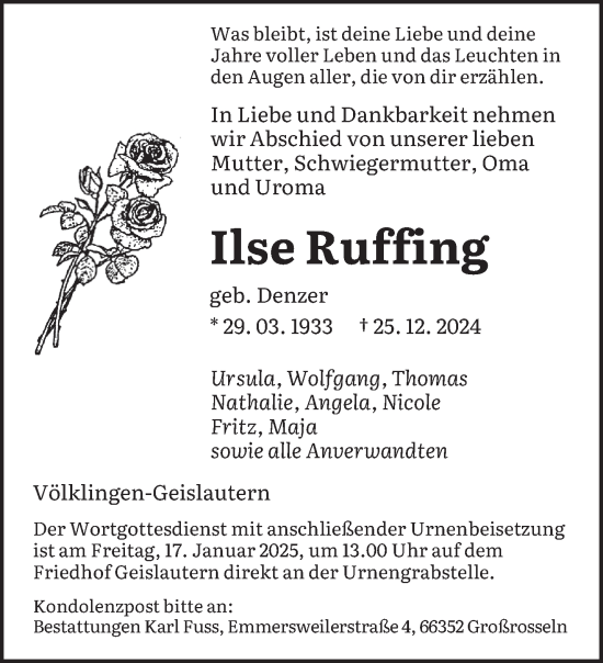 Todesanzeige von Ilse Ruffing von saarbruecker_zeitung