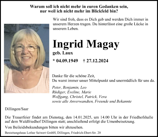 Todesanzeige von Ingrid Magay von saarbruecker_zeitung
