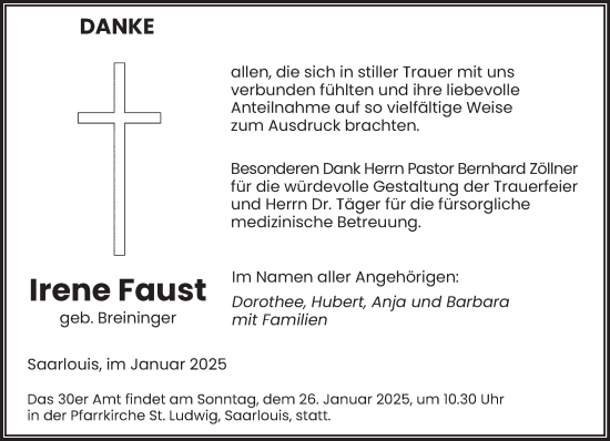 Todesanzeige von Irene Faust von saarbruecker_zeitung