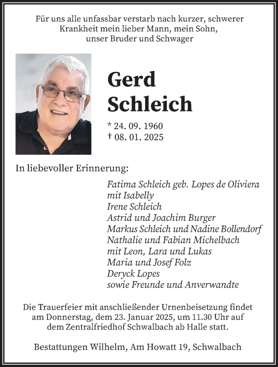 Todesanzeige von Gerd Schleich von saarbruecker_zeitung
