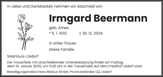 Todesanzeige von Irmgard Beermann von saarbruecker_zeitung