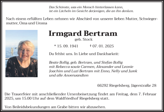 Todesanzeige von Irmgard Bertram von saarbruecker_zeitung