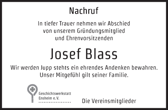 Todesanzeige von Josef Blass von saarbruecker_zeitung