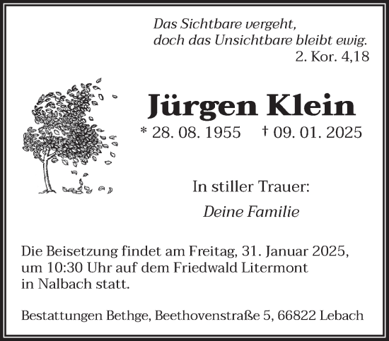 Todesanzeige von Jürgen Klein von saarbruecker_zeitung